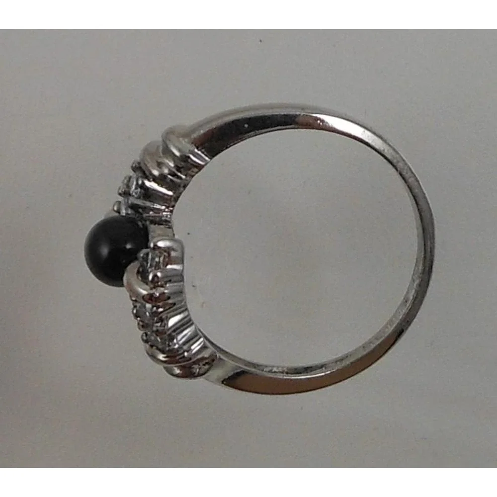 Vintage 90s Black Onyx Bead Bypass Ring 925 Sterling Silver CZ‎ Size 8 15mm Wide